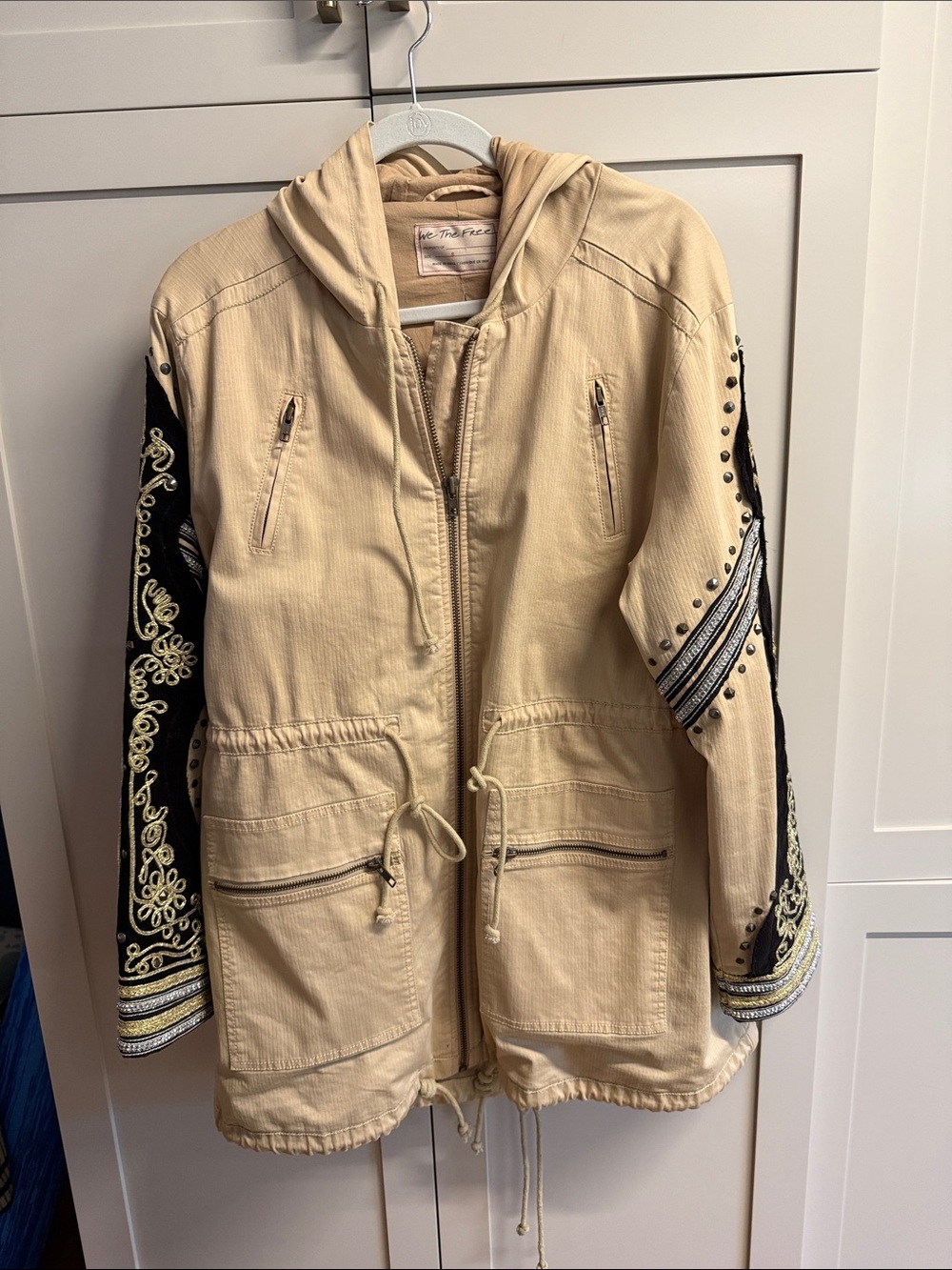 We The Free Beige Embroidered Hooded Jacket with Black Detailed Sleeves